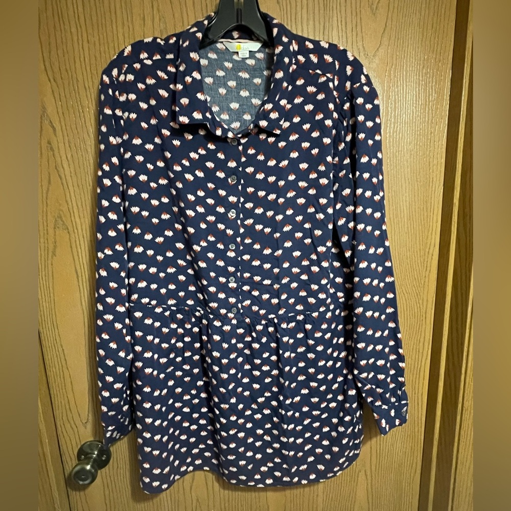 EUC Boden Navy Blue Blouse with Pink Flower Pattern and Button Down Front